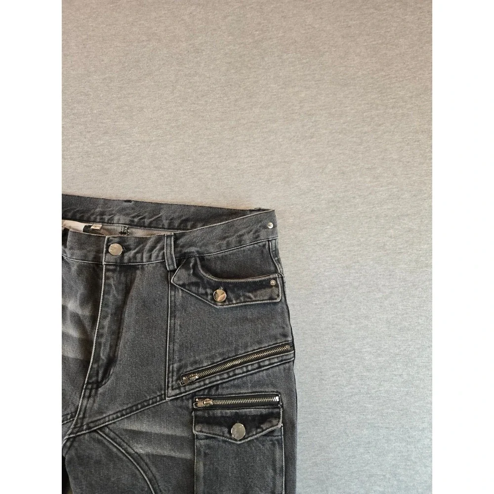 Insain Worldwide Cargo Jeans Mens L 34W Washed Black Streetwear Distressed Flare